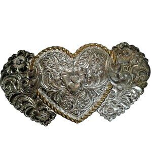 Crumrine Belt Buckle Hearts Flowers Silver Plate over Bronze Ornate Gold Trim